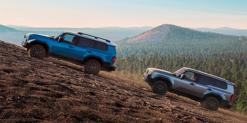 2024 Toyota Land Cruisers driving up a mountain hill.